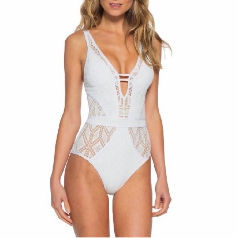 BECCA Color Block Plunge White Lace One-Piece Swimsuit